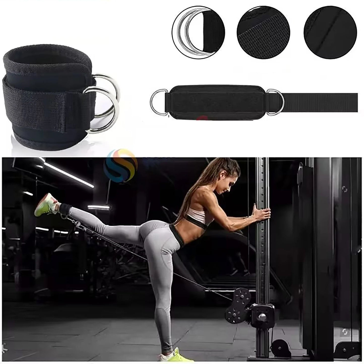 Black wrist straps with close-up details and a woman exercising in a gym.