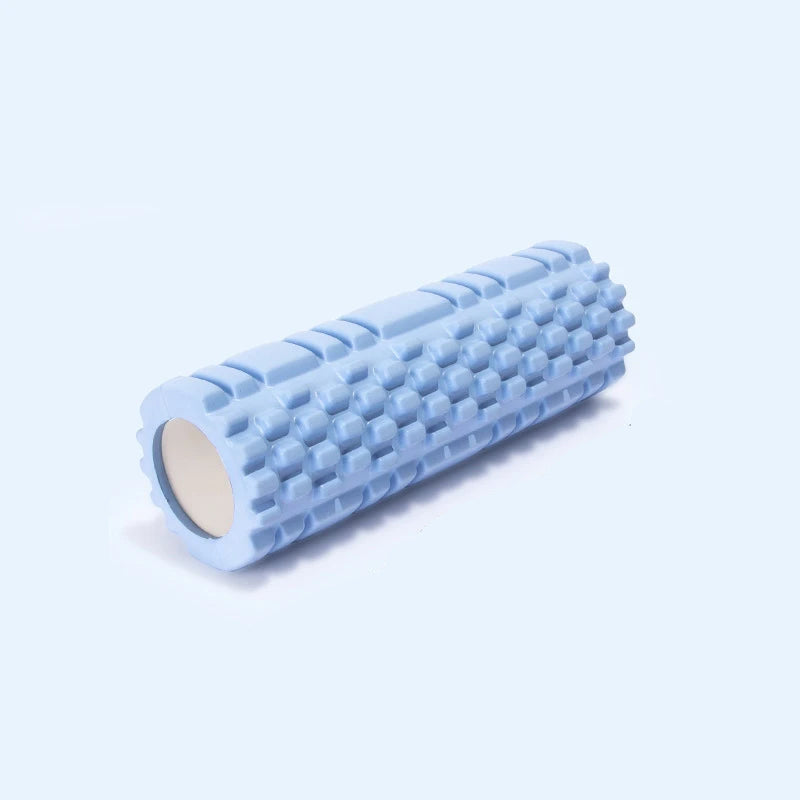 Blue foam roller with dimensions and weight on a light blue background