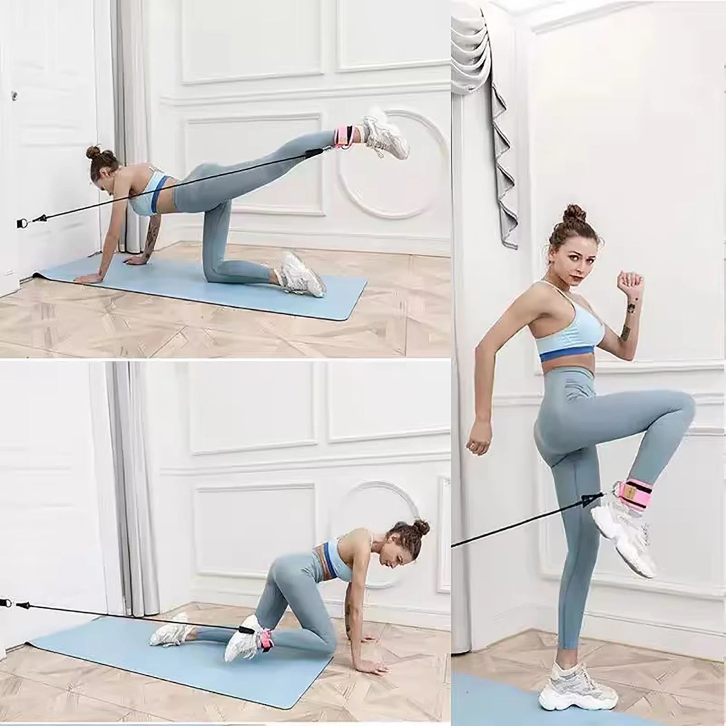 Woman exercising with resistance bands in a home setting