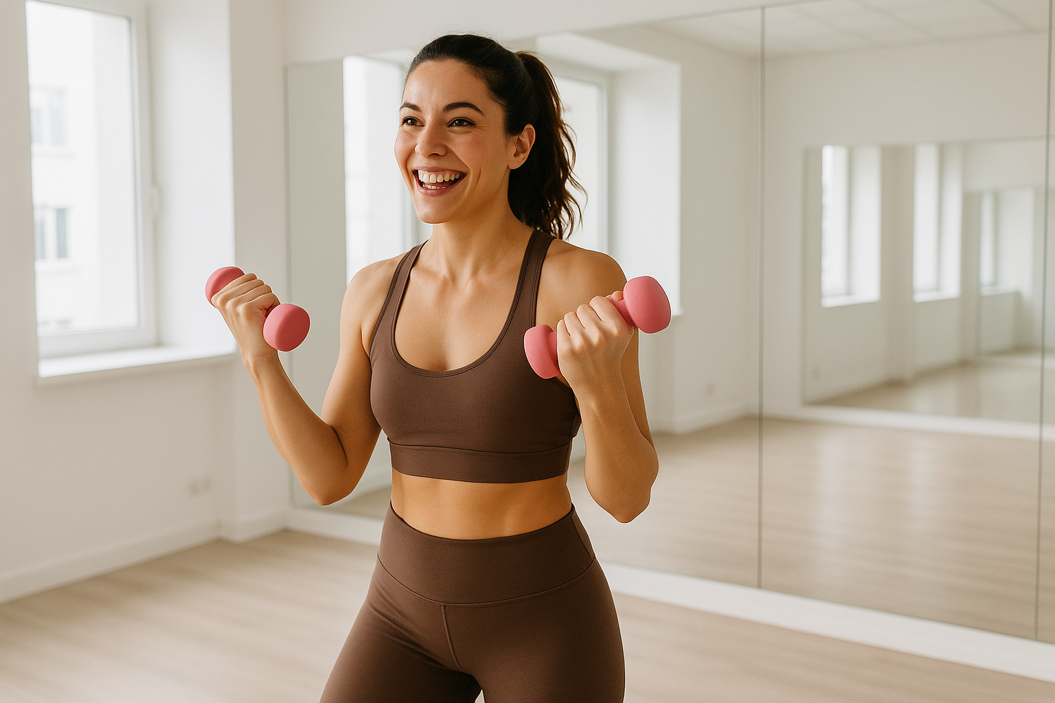 a happy woman working out in a studio with pink dumbells, wearing brown leggings and brown workout bra